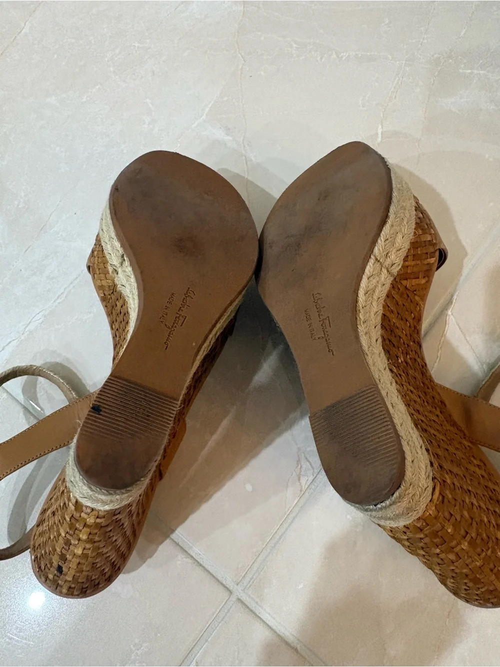 Salvatore Ferragamo Marlene Tan Leather & Wicker Espadrille Wedge Sandals (size